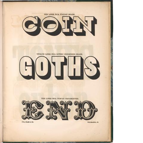 Full page of type specimen catalog spelling ouy “Hartford” “LUSTER” and “FIRE!” in ornate type forms. Specimen Catalog held in the ATF Library Collection at Columbia  University, Rare Books & Manuscripts.