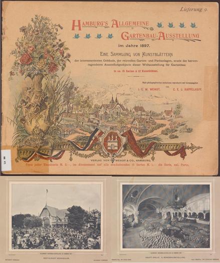 Eine Vintage-Broschüre für die Hamburger Allgemeine Gartenausstellung aus dem Jahr 1897. Es verfügt über einen kunstvollen Einband mit floralen Illustrationen und Gebäuden, die auf Deutsch betitelt sind. Unten sind zwei Schwarz-Weiß-Fotos zu sehen: eines zeigt einen überfüllten Eingang zu einem Pavillon und das andere eine Halle der Ausstellung.