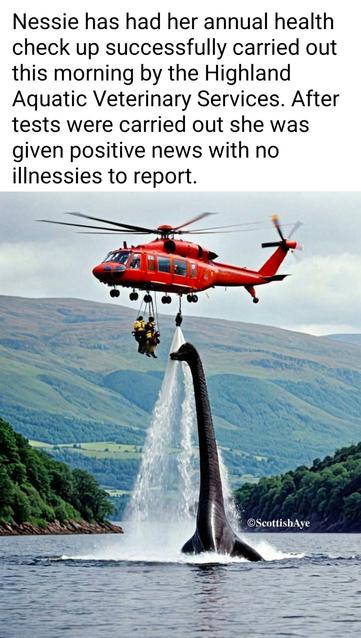 Photo of Lochness in Scotland hills in the background.  Hovering over the loch is an orange Puma Helicopter.  Two men are slung below next to a snorkel dumping water.  Right below the snorkel is the infamous Nessie, her long neck straight up, head next to the two people.
“Nessie has had her annual health check up successfully carried out this morning by the Highland Aquatic Veterinary Services. After tests were carried out she was given positive news with no illnessies to report.”