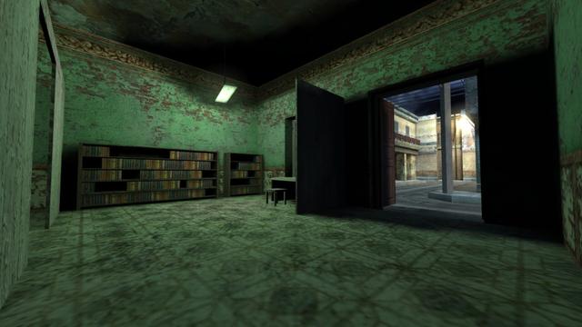 In this picture you can see the other half of the room from the previous picture. From left to right, you can see the wooden wall, a long bookshelf filled with books, a smaller bookshelf, a stool and the exit. Here is again a white illuminated lamp from the ceiling on the hanging. This is on the map cs_havana in the game Counter-Strike 1.6.