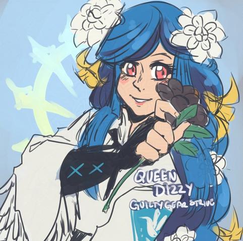 A sketch of Dizzy from Guilty Gear holding a flower and smiling