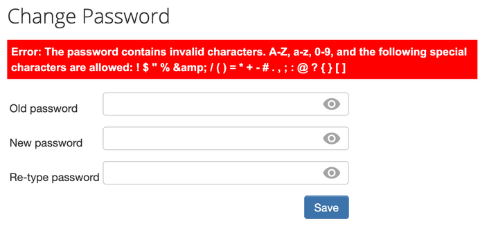 A screenshot of mailbox.org password change form with error message saying only ASCII characters are allowed.