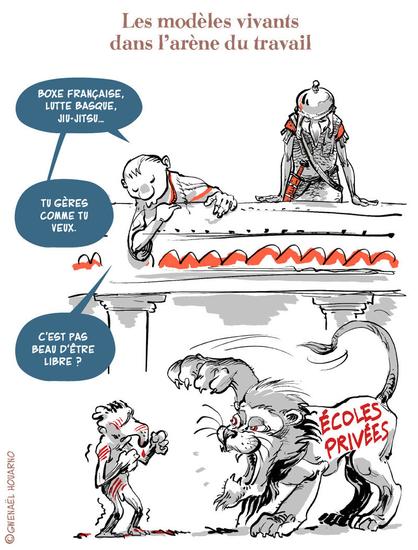 dessin satirique sur les modèles vivants face aux écoles privées