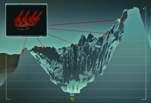 Screenshot from Top Gun: Maverick depicting a computer animated topographical diagram of a mountain range topped with anti-aircraft missile installations.