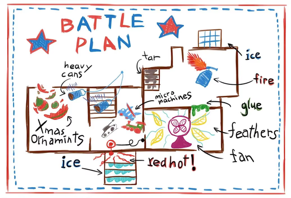 Crayon drawing from the movie "Home Alone" entitled "Battle Plan" depicting several rooms of a house equipped with assorted traps like broken glass ornaments, icy steps, swinging paint cans, and a tripwire-enabled fan set to blow feathers on a glue-covered intruder.