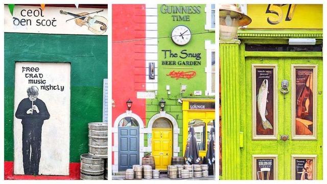 A triptych of three vibrant pub facades in Ireland. The left panel shows a green wall with a mural of a man playing a penny whistle, advertising "FREE TRAD music nightly," and stacks of metal beer kegs. The center panel features a green and red building with a clock, "The Snug" sign, and "BEER GARDEN" and "LOUNGE" signs, with yellow and blue doors and more beer kegs. The right panel displays a bright green doorway with two framed fish and instrument artworks, a "crabicional IRISH COFFEE" sign, and the number "51" above.