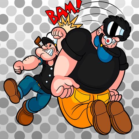 Popeye delivers an uppercut, knocking Bluto out.
