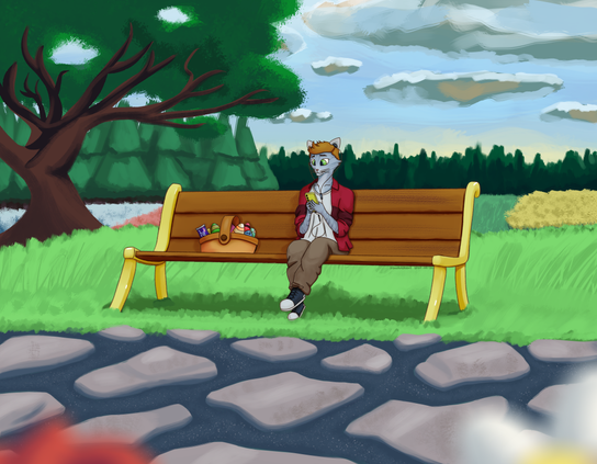 A drawing of an anthropomorphic cat sitting on the park checking on his phone with his IEMs on. A basket of easter eggs and chocolate bar is beside him. It's a somewhat overcast day.