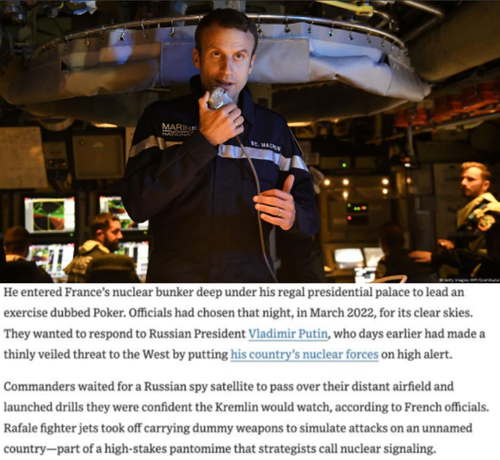 Picture of Emmanuel Macron having the time of his life aboard French nuclear submarine Le Terrible, back in 2017 when he got helidropped onto the submarine, put on a Navy uniform and launched into a speech via the sub's comm system.