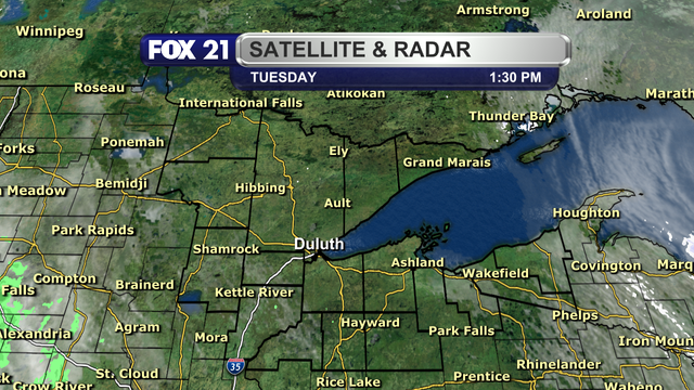 The satellite and radar over the Northland at 1:30 p.m. on Tuesday, March 25, 2025, shows dry conditions for the region.  Other than high cloud cover in the I-35 corridor and the South Shore regions, skies are clear.