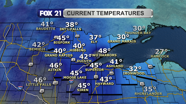 Temperatures in the Northland just after 1 p.m. on March 25, 2025, range from 30 to 48 degrees Fahrenheit.