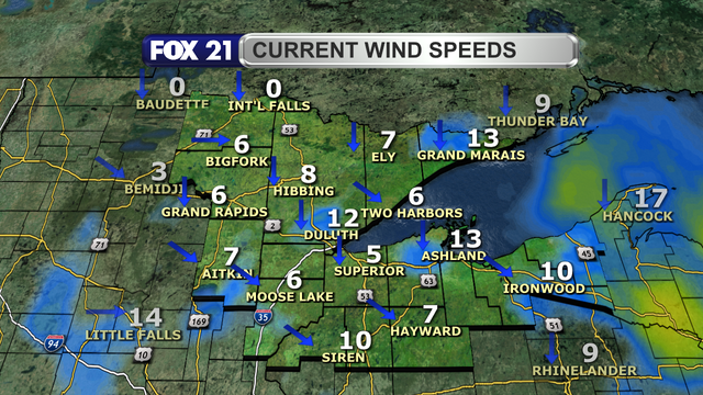 Wind speeds in the Northland just after 1 p.m. on March 25, 2025, range from calm to 13 mph.  Wind direction is primarily from the north and northwest.