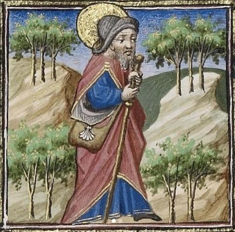 Illuminated manuscript illustration of a robed, bearded pilgrim wearing a hat and sporting a golden halo, holding a walking stick, with a satchel slung over his shoulder (with the scallop shell symbol of the Pilgrimage of Santiago de Compostela on the flap). He walks past brown hills with several trees evenly spaced around the scene.