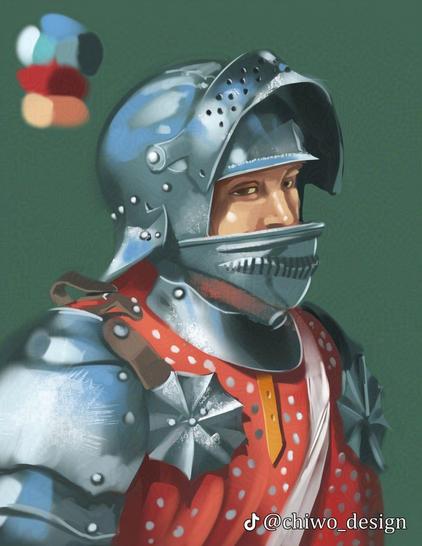 A color painting of a medieval knight with an open helmet