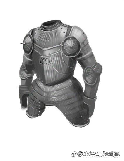 A black and white painting study of a medieval metal armour