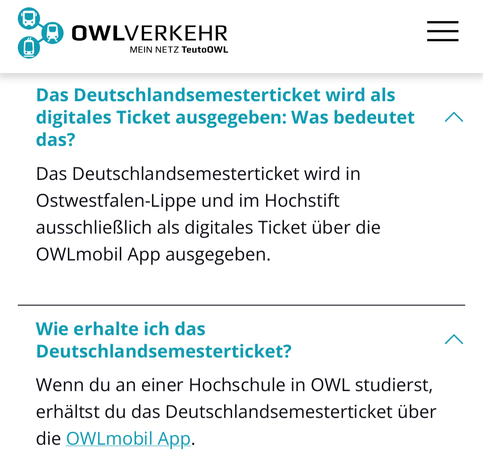 Screenshot der OWL Verkehr Webseite, die behauptet: "Deutschlandsemesterticket ... ausschließlich ... über die OWLmobiel App"