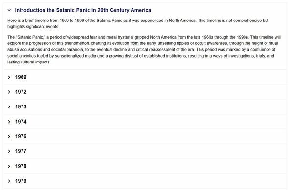 A timeline of the Satanic Panic 1969-1999 in North America.