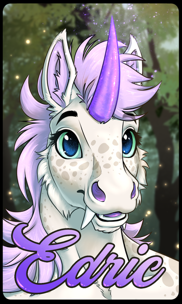 A badge of a pale unicorn with blue-green eyes and purple accents. The name Edric is written across the bottom in purple text