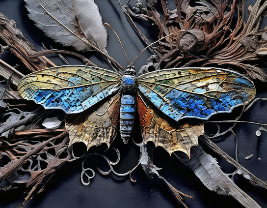 A stunning metallic butterfly with vivid blue and brass wings, resting on a dark background of dried botanical elements.