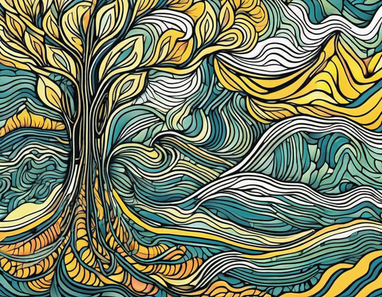 A dynamic abstract line illustration of a tree, with golden energy swirling through its roots, branches, and leaves, and out into an environment composed of flowing teal and white lines.