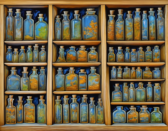 A rustic wooden shelf filled with glass bottles, containing slices of various times,  most revealing blue skies and autumn foliage, evoking a sense of seasonal nostalgia and careful curation.