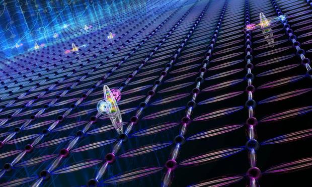 Schematische Darstellung eines Lasergitters mit einzelnen leuchtenden Kugeln