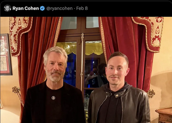 Picture of Michael Saylor and Ryan Cohen (Gamestop CEO) tweeted by Cohen on Feb 8th.