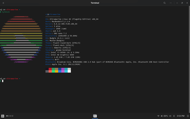 A screenshot of Ultramarine Linux being shown as the operating system on a Macbook Air using hyfetch