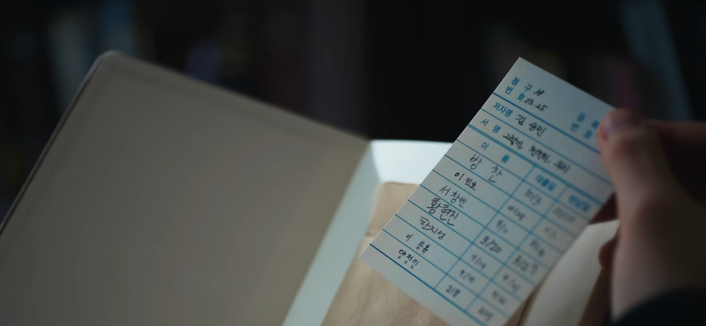 Close-up of a hand holding a hand-written library card in front of an open book