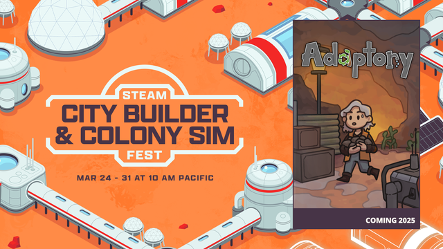 Promo image for the City Builder & Colony Sim Steam festival, featuring Adaptory (coming 2025)