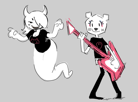 Carrie from TAWOG, floating and holding her arms out. She has horns and hair covering her eye and she's wearing a t-shirt with Teri's head on it. Next to her is Teri, playing a cool guitar and smiling, she's wearing long socks, jean shorts, and a t-shirt with a ghost on it.