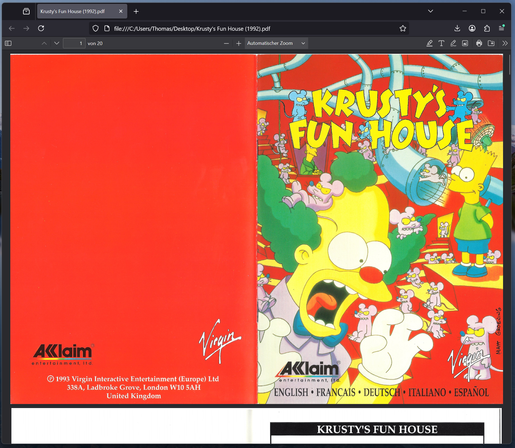 Krusty's Fun House for MS-DOS, the manual