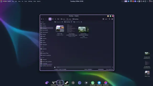 A screenshot of my Garuda Linux desktop with the Mokka theme applied. It restored the Apple MACbook style top-bar and bottom-middle Dock-bar (here seen replicated by KDE Plasma 6). The colouring is dark, velvety, with violet highlighting including a thick violet border around the active app window. The background is blurred (a new KDE blur app comes with the theme theme) but you can see an abstract swirl from top left to bottom middle, a  swirling ribbon of colour from purple to blue to yellow and green.