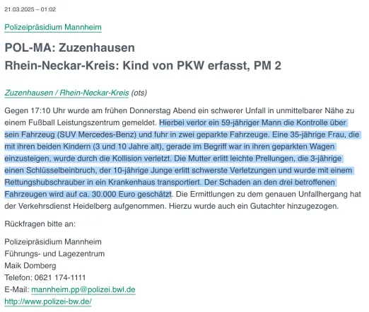 Screenshot der Pressemeldung von Polizei Mannheim