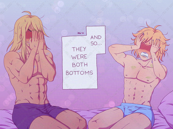 Digital illustration of Johnny Joestar and Gyro Zeppeli from Jojo's Bizarre Adventure Part 7: Steel Ball Run. They're on a bed in underwear, each one at one side of it, very embarrassed with their hands on their face/head. The text in the middle says: "And so... they were both bottoms".