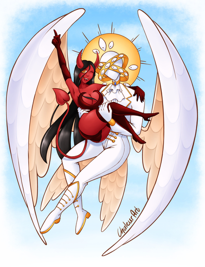 Digital drawing of Sera carrying Lili in her arms. Sera is a tall angel with huge wings, she is wearing a white and gold noble suit. She is faceless, with two golden rings covered with eyes around her head. A big halo of light behind her head. Lili is a short succubus with red skin, black hair, long horns and bright orange eyes. She is wearing dark red sleeves, thigh high boots and a bodysuit with a heart shaped window on her cleavage. Bright blue sky in the background.