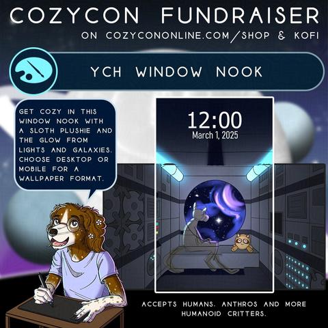 image that reads "YCH window nook" and shows a desktop wallpaper and a mobile wallpaper with the same image base, of your character sitting by a circulare spaceship window, looking out into the colourful galaxy, and next to them is a roung sloth plushie (that you can find in our VRChat worlds) and the interier of the ship has colourful lights. You can choose desktop or mobile wall paper or both. Vetrina is the artist and will draw anthro/furries, humans, and other humanoid creatures.