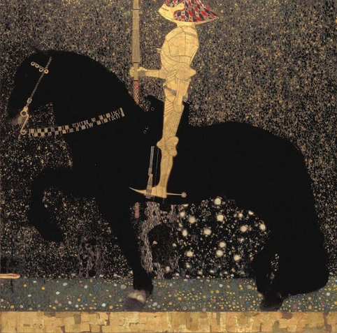 An Art Nouveau painting with a mosaic-like quality. A knight in golden armor, with a lance held upright, rides a black horse against a variegated background. The grass is strewn with flowers. Ahead of the horse, a snake's head emerges from the left; the horse seems about to step on it.