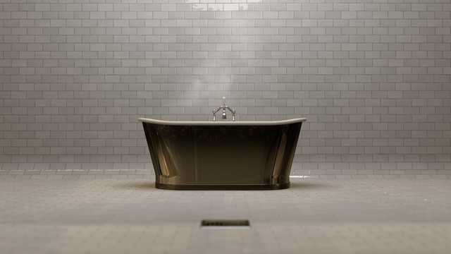 3D rendering of a steaming chrome bath in a gleaming, white tiled room, viewed from the side and fairly low to the floor.