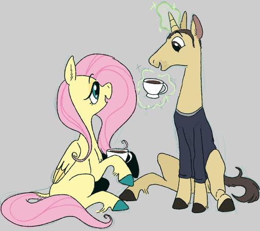 A drawing of Fluttershy & Murr Pony enjoying tea.
