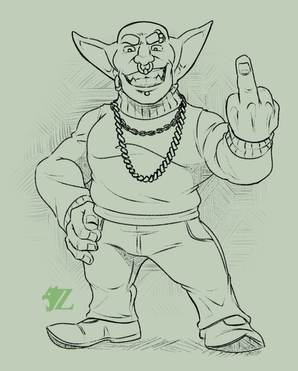 Jones, my male goblin, stands cockily and flips you off. He is grinning wide on his bald face, piercings in his left eyebrow, septum, lower lip, and right earlobe. He wears a turtleneck and sensible pants, with leather shoes on his large feet and a couple gold chains around his neck.