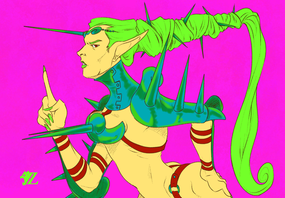 Queen Chrysolina, my elven battle royalty, stands in a sultry but powerful pose, one hand on her hip, and the other lifting a finger as to correct you in a most serious manner. She has yellow skin with bright green hair tied back into a series of braids held up by spiky hairpins. She wears skimpy, iridescent armor, the color of the armor ranging from blue to green. These pieces are held on by red leather straps, the same red color of her eyes.