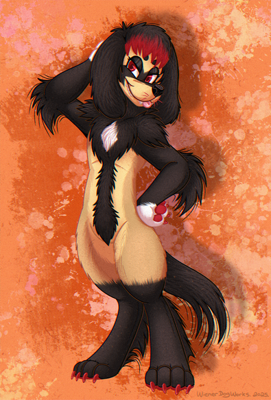 An anthropomorphic male spaniel dog is standing posed with one hand on his hip and the other behind his head, looking quite seductive and flirty, with a coquettish smile and his tongue sticking out slightly.