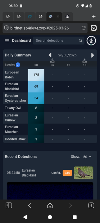 Screenshot of the web interface for my local birdnet instance in the back garden, showing 175 robin, 69 blackbird, 54 oystercatcher, 8 tawny owl, 2 curlew, 1 moorhen and 1 hooded crow recording.