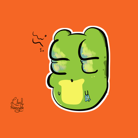 Froggelio with bubly eyes of polen alergy having a hard time with a kleenex in one hand full of mucus.