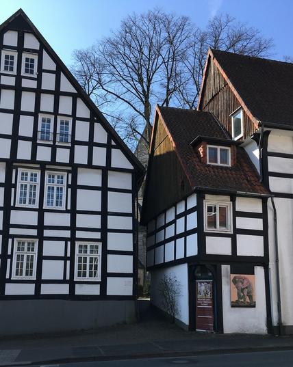 Foto: Ausschnitt der Straßenansicht zweier im Schatten liegenden Fachwerkgebäude, die mit schwarzem Gebälk und weißen Gefachen gebaut sind. Zwischen beiden Häusern ist ein schmaler Durchgang erkennbar, der zu Fuß und mit geschobenem Fahrrad gut passierbar ist, aber für ein Pferd oder Auto viel zu schmal wäre. Im Hintergrund das noch unbelaubte Geäst eines alten, großen Baums und über der Szene himmelblauer Himmel.
