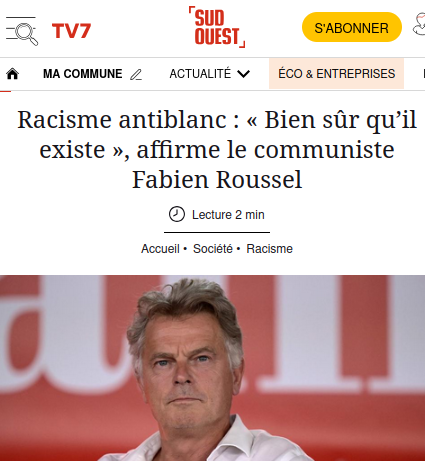 Capture d'écran site de presse 

Racisme antiblanc : « Bien sûr qu’il existe », affirme le communiste Fabien Roussel