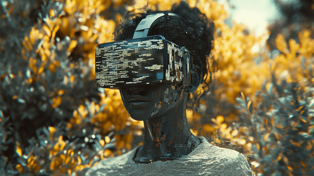 Jardin des Échos
Portrait glitché d'une femme en réalité virtuelle au milieu d’une nature jaune et bleutée, entre réel et simulation.
Glitched portrait of a woman in virtual reality, surrounded by yellow and blue-toned nature, between reality and simulation.