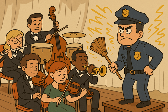 Police man supervising violin to play drums additionally