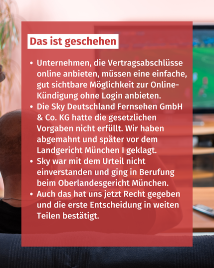 Bild mit Text: "Das ist geschehen. Unternehmen, die Vertragsabschlüsse online anbieten, müssen eine einfache, gut sichtbare Möglichkeit zur Online-Kündigung ohne Login anbieten. Die Sky Deutschland Fernsehen GmbH & Co. KG hatte die gesetzlichen Vorgaben nicht erfüllt. Wir haben abgemahnt und später vor dem Landgericht München I geklagt. Sky war mit dem Urteil nicht einverstanden und ging in Berufung beim Oberlandesgericht München. Auch das hat uns jetzt Recht gegeben und die erste Entscheidung in weiten Teilen bestätigt."